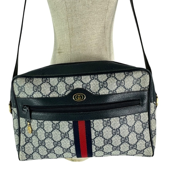 Vintage GUCCI Blue Web Shoulder Bag Interlocking GG signature Purse 90s - Picture 1 of 16